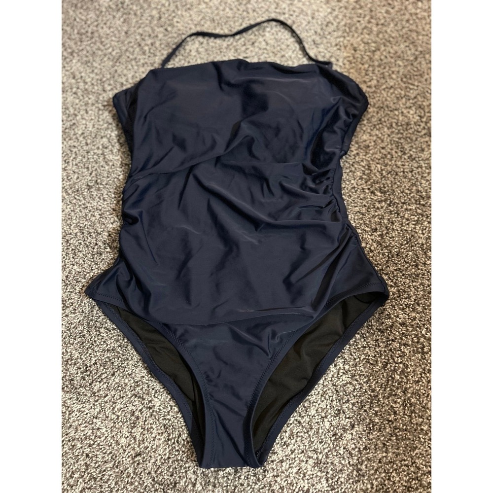 F26 J Crew Navy Ruched Halter One Piece Swimsuit‎ Women's Size Medium